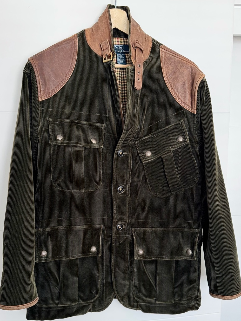 Ralph Lauren Olive Corduroy Field Jacket with Brown Leather Shoulders
